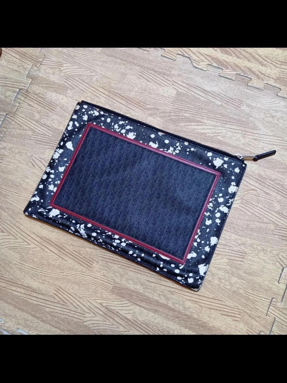 Dior Black and White Splatter Zip Clutch with Red Trim